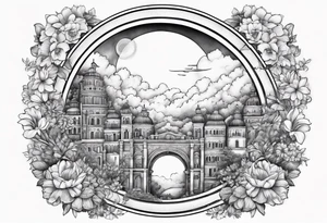 heaven town with arch
 in circle vignette surrounded by clouds flowers tattoo idea