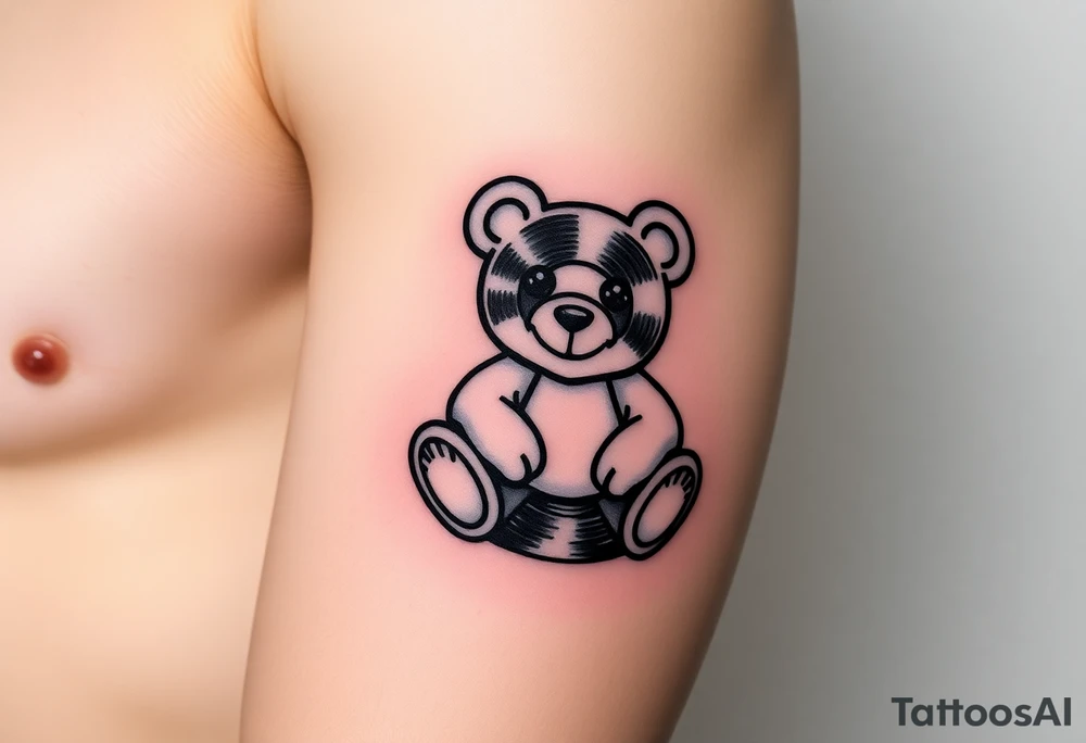 minimalist teddy bear with vinyl records as eyes smiling and sitting on a record yer tattoo idea