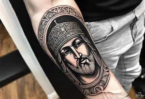 Crate a forearm tattoo. Theme is the byzantine empire. Include byzantine iconography, hagia Sophia, Constantinople, famous emperors like justinian, Constantine. tattoo idea