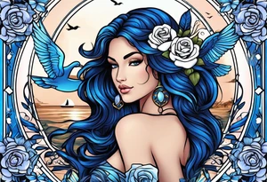 Aphrodite is the goddess of love, with a seaside background, surrounded by birds.. blue roses frames, background blue,present it in a tattoo, black hair, love motives tattoo idea