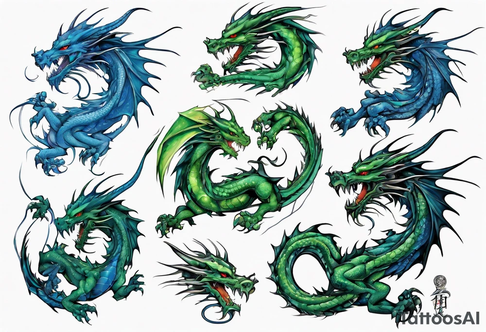 blue dragon tangled with a green dragon tattoo idea