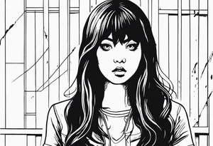 portrait of tomie standing up a character by the horror manga author junji ito full body standing murderously. add more horror and gore elements tattoo idea