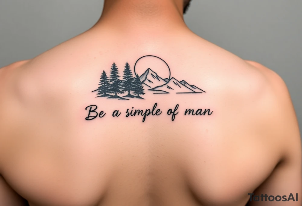 A minimalist tattoo with the words ‘Be a Simple Kind of Man’ in handwritten script, framed by pine trees, mountains, and a rising sun. Evokes peaceful strength and humility. Fine line blackwork for the forearm. tattoo idea