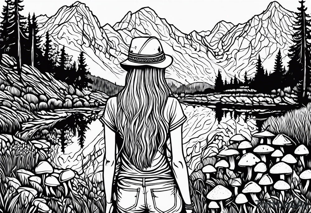 Straight long blonde hair hippie girl in distance holding mushrooms in hand facing away toward mountains and creek surrounded by mushrooms tee shirt and hiking pants tattoo idea