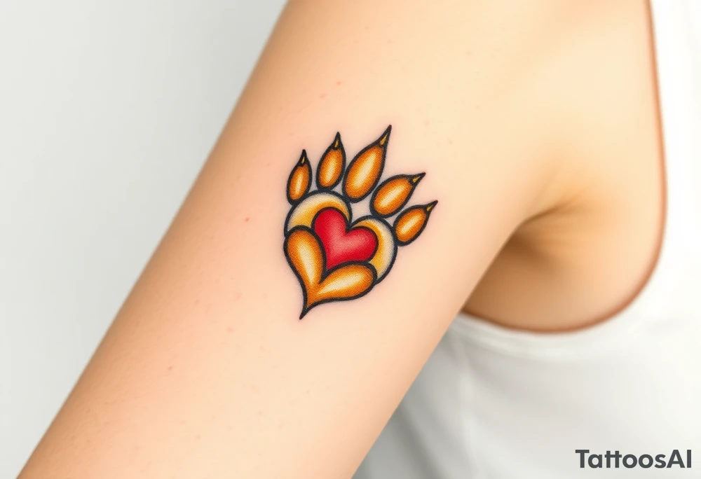 A lion paw with golden highlights and the heart surrounding the paw tattoo idea