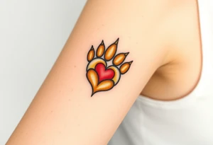 A lion paw with golden highlights and the heart surrounding the paw tattoo idea