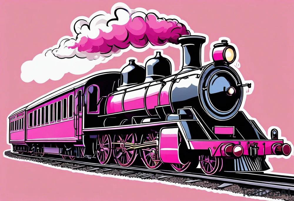 Mountain steam train with pink background tattoo idea