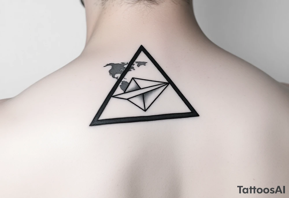 Small geometric triangle with a geometric paper plane with fine thin lines flying around the world with fine thin lines tattoo idea