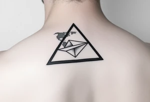 Small geometric triangle with a geometric paper plane with fine thin lines flying around the world with fine thin lines tattoo idea