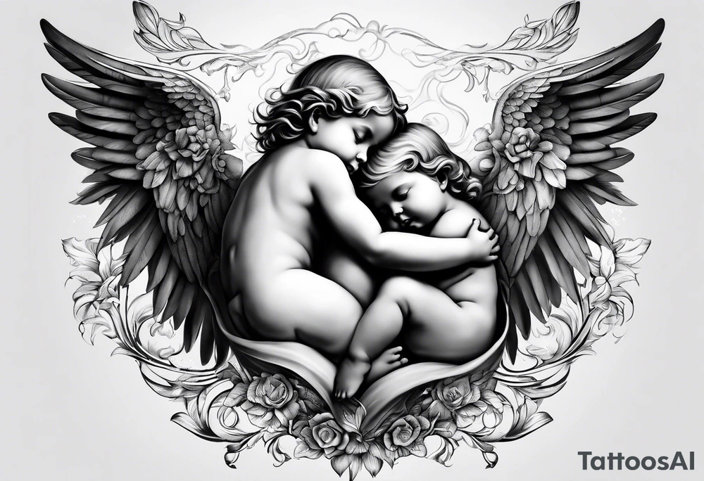three angels holding hands, no color, realistic inside of bicep, baby angels tattoo idea
