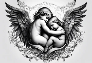 three angels holding hands, no color, realistic inside of bicep, baby angels tattoo idea