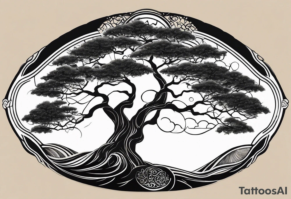 A tattoo of an abstract Tree of life tattoo to be placed on the upper side bicep of a woman. It can wrap around the arm a little. It should have roots growing out of the bottom. The roots slowly turn into water from the great wave by Hokusai. A golf flag should be placed discreetly growing out of the ground. 2 license plate tags should be hanging from the tree. Place a few music notes in the areas the leaves should be. The letters A U should be engraving into the tree trunk in a heart tattoo idea