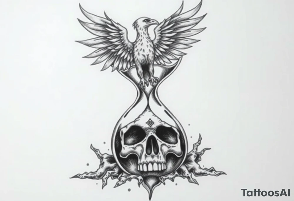 A cracked hourglass with the sands forming a skull below and a phoenix rising from the top. tattoo idea