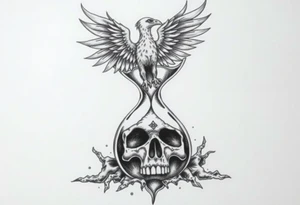 A cracked hourglass with the sands forming a skull below and a phoenix rising from the top. tattoo idea