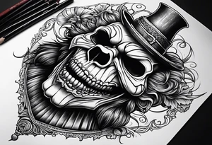 Gothic skull clown with haunted house tattoo idea