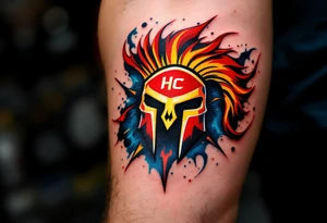 A bold red and yellow HC Sparta Praha logo blazing across a muscular forearm with icy blue shading. tattoo idea