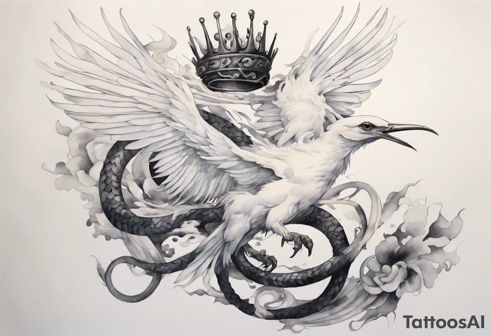 a watercolor of a white bird-serpent hybrid wearing an iron crown, flying tattoo idea