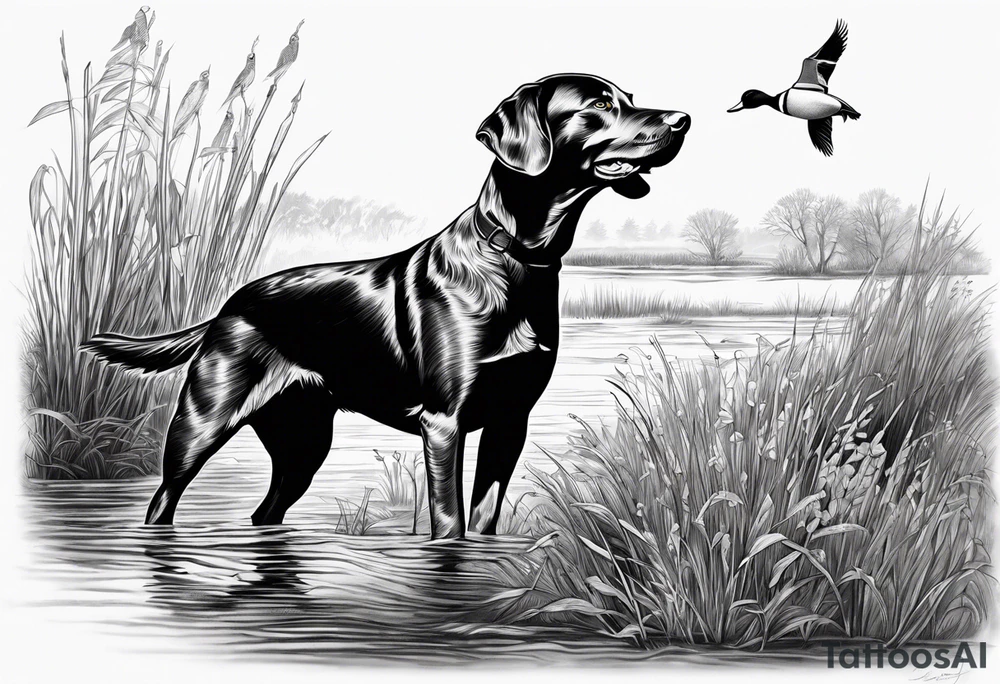bird dog retrieving duck from marsh tattoo idea