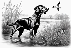 bird dog retrieving duck from marsh tattoo idea