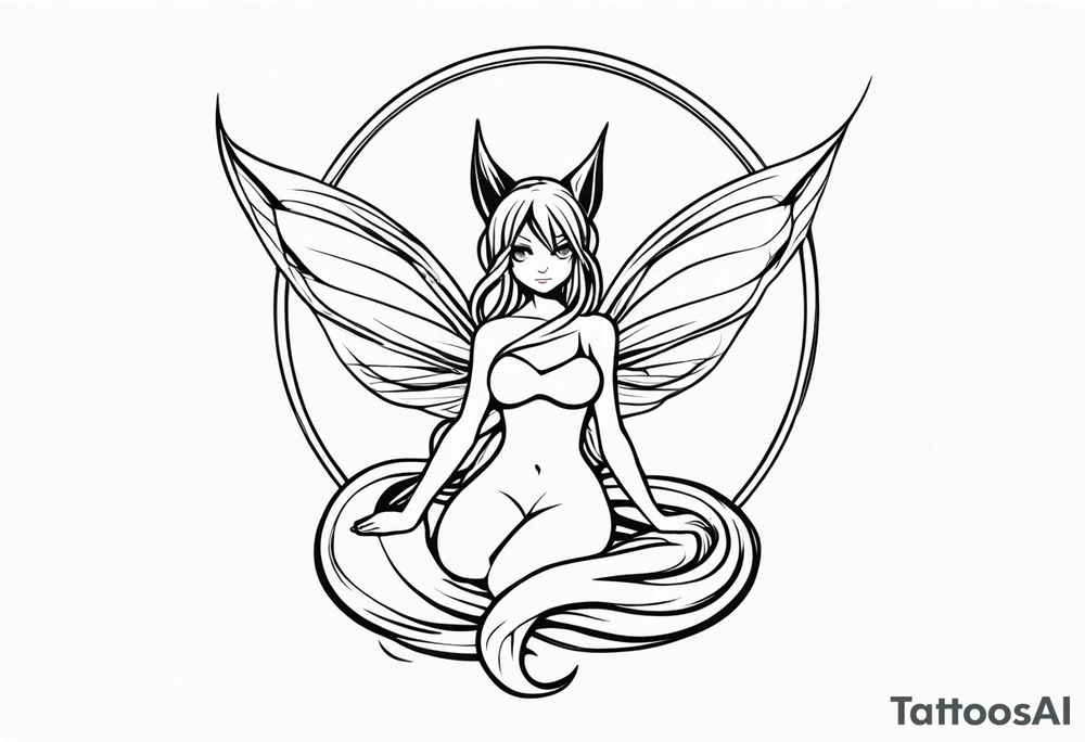 A fairy with a tail inspired by the logo of the show called Fairy Tail in a fetal position leaning in tattoo idea