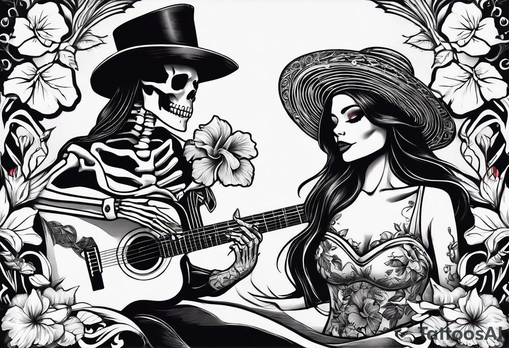 a female skeleton holding a hibiscus flower and a male skeleton playing a guitar. tattoo idea