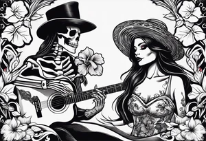 a female skeleton holding a hibiscus flower and a male skeleton playing a guitar. tattoo idea