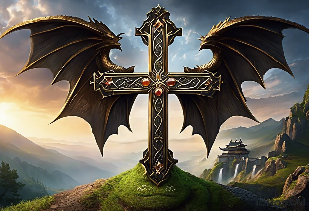 1. The Christian cross with a sharp lower end embedded into the ground represents strength and stability.
2. Roots growing from the cross symbolize growth, resilience, and connection to one's beliefs.
3. The dragon wings on either side add a sense of mysticism and power, suggesting protection and guidance.
4. The eyeball in the middle of the cross could symbolize vigilance, spiritual insight, or the all-seeing eye of God. tattoo idea