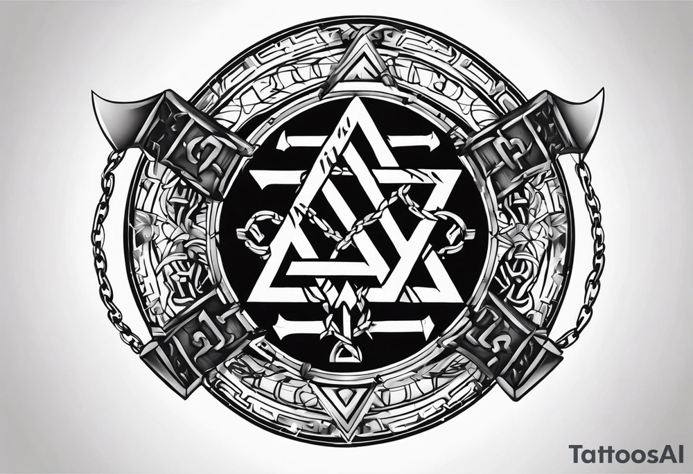 Valhalla  round shield axe
Valknut barbed wire chains tattoo idea