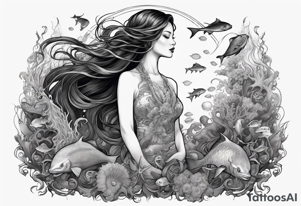 Full-body portrait of an ethereal woman of the sea surrounded by deep sea creatures. tattoo idea