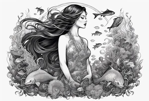 Full-body portrait of an ethereal woman of the sea surrounded by deep sea creatures. tattoo idea