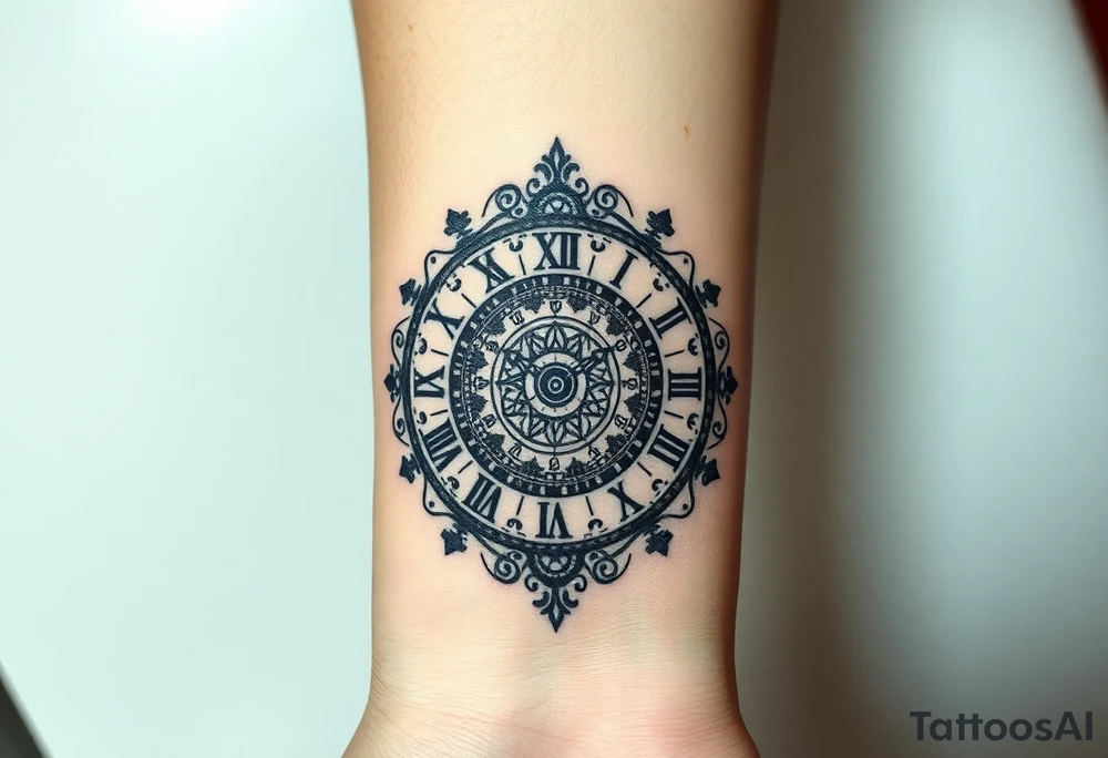 vintage roman numerals within ornate clockwork mechanism tattoo idea
