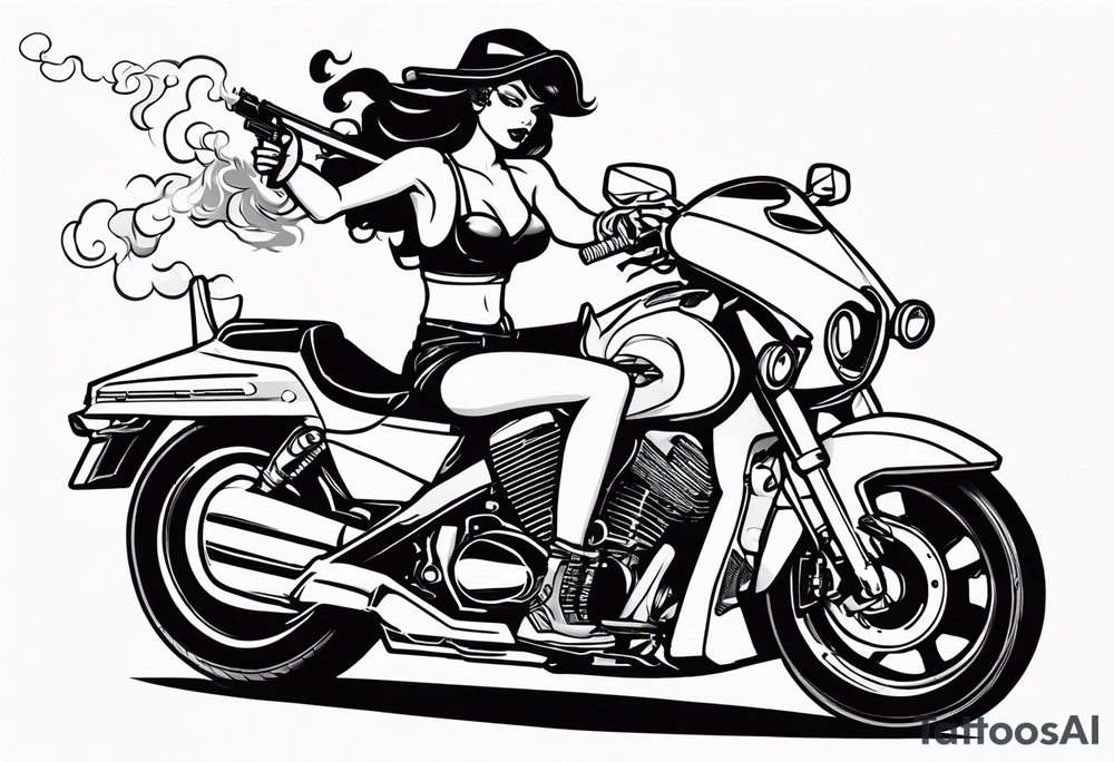 Sexy, feminine, gangster girl pointing a 32 cal. Gun 1 hand & lighting a cig w the other angel/devil, relaxing on a cbr600rr silver, tattoo idea