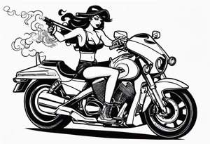 Sexy, feminine, gangster girl pointing a 32 cal. Gun 1 hand & lighting a cig w the other angel/devil, relaxing on a cbr600rr silver, tattoo idea