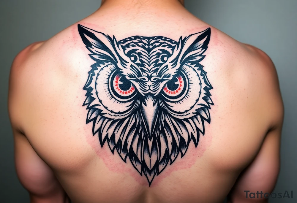 Abstract large colored tripping eye owl head tattoo idea