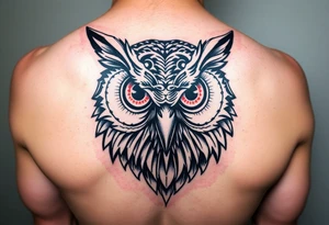 Abstract large colored tripping eye owl head tattoo idea