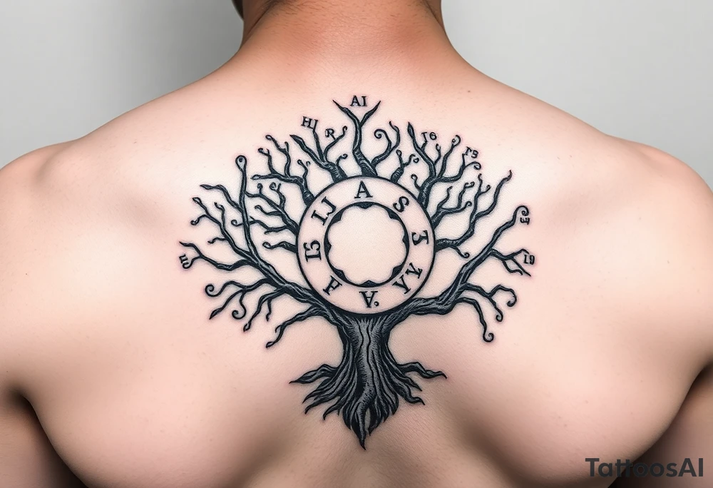 yggadrisl tree of life with circle of runes names Jai, Phoebe, Imogen, Matilda on four branches tattoo idea