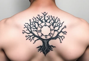 yggadrisl tree of life with circle of runes names Jai, Phoebe, Imogen, Matilda on four branches tattoo idea
