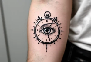 A surreal clock with an eye in place of the dial, eyelids opening like doors, intricate detail, realistic shading, black and gray. tattoo idea