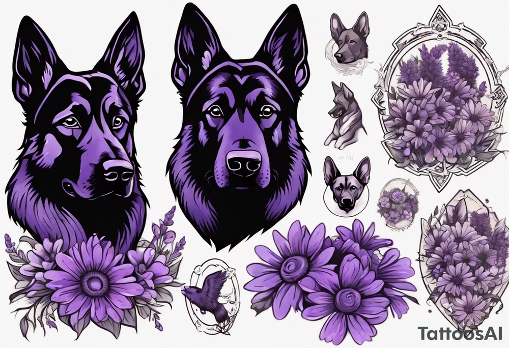 Dark Brown German shepherd portrait surrounded by purple daisies tattoo idea