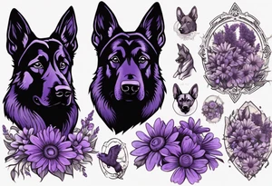 Dark Brown German shepherd portrait surrounded by purple daisies tattoo idea