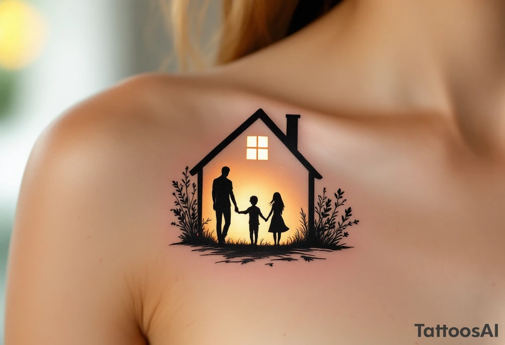 Family inside a house silhouette, with warm golden light glowing from the windows. tattoo idea