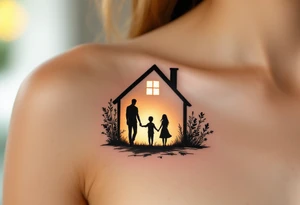 Family inside a house silhouette, with warm golden light glowing from the windows. tattoo idea