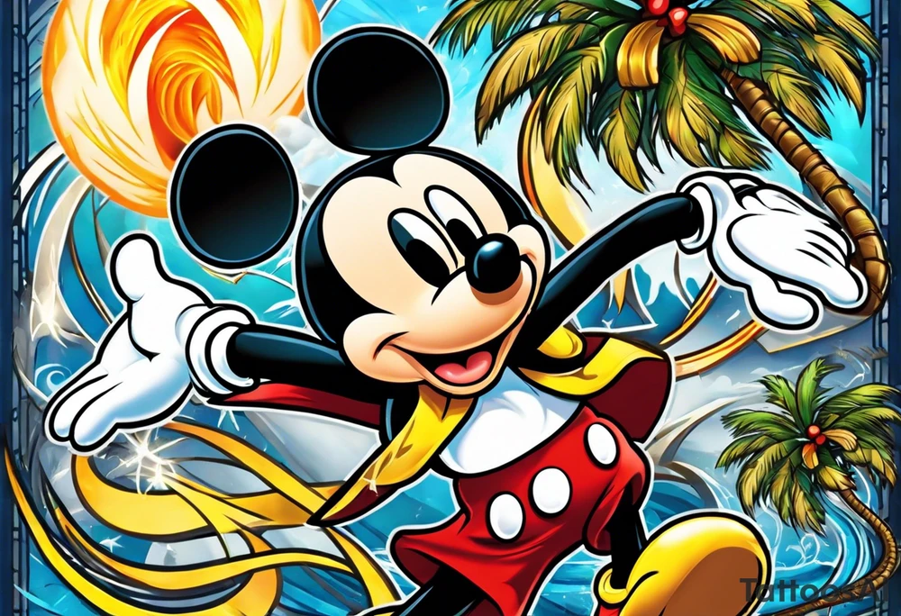 mickey mouse holding lightning with palm trees doing martial arts at the disney castle tattoo idea