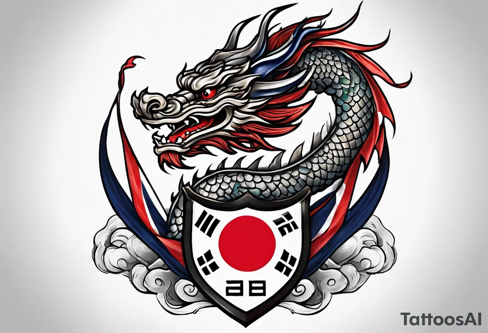 Asian dragon wrapping around an anchor centered on the Korean flag tattoo idea