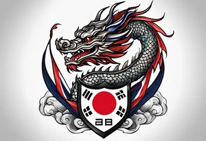 Asian dragon wrapping around an anchor centered on the Korean flag tattoo idea