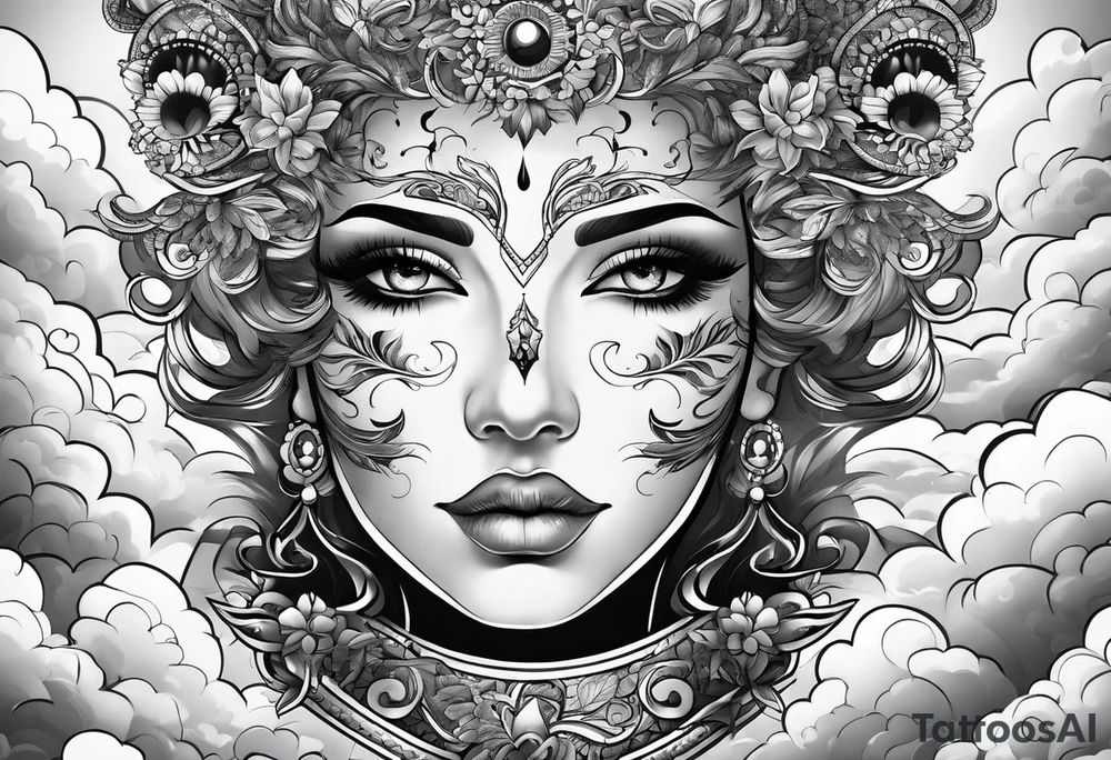 Face with eyes with background and clouds tattoo idea