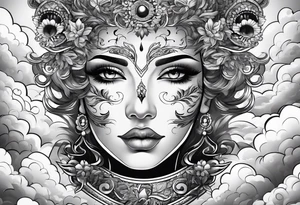 Face with eyes with background and clouds tattoo idea