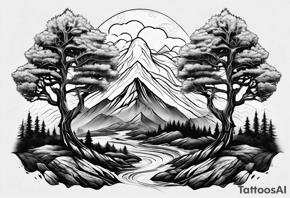 Three mountains three trees with roots tattoo idea Three mountains three trees with roots tattoo idea