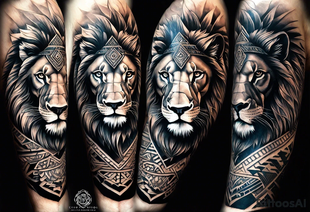 A full tattoo sleeve designed with a strong, masculine aesthetic, featuring a powerful lion as the centerpiece. The lion, symbolizing strength, courage, and leadership, is depicted with intricate detail and dynamic shading, capturing its fierce expression and majestic mane. Surrounding the lion, incorporate geometric patterns that add structure and contrast to the design. These patterns are bold and angular, creating a sense of order and symmetry that complements the natural form of the lion. The geometric elements are woven around the lion, emphasizing its central position while providing a modern, edgy backdrop. The shading throughout the sleeve is deep and dramatic, enhancing the contrast between the organic features of the lion and the precise lines of the geometric patterns. The overall design is bold, intense, and visually striking, combining the raw power of the lion with the clean, ordered aesthetic of geometric patterns for a cohesive and masculine tattoo sleeve. tattoo idea
