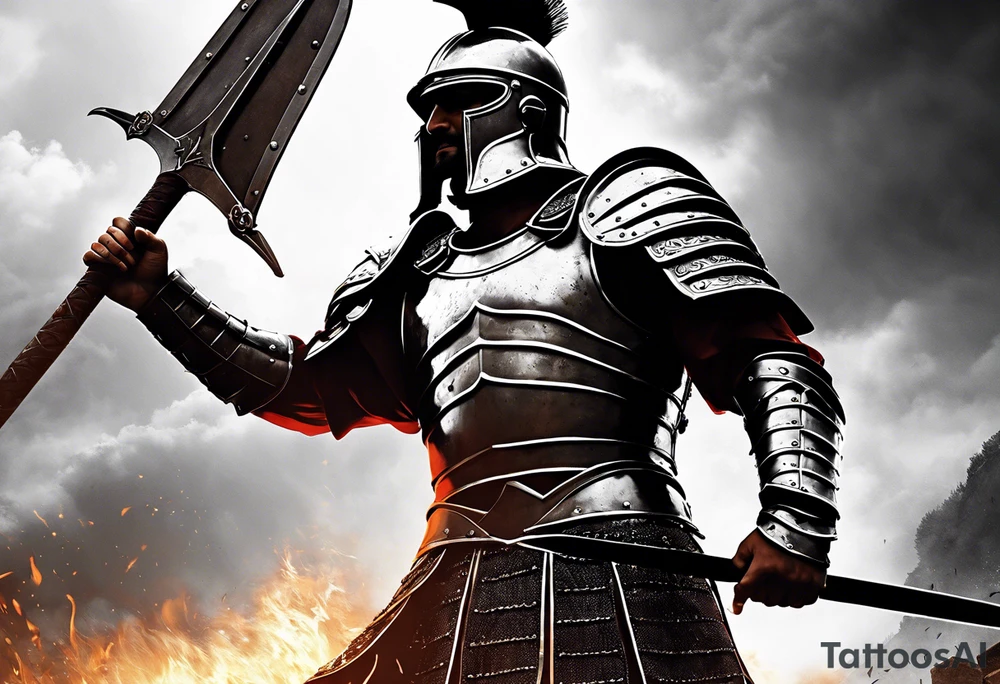 high quality black and white illustration, full body image, a strong tall roman centurion, wearing armour, wearing a belt, wearing armoured shoes, wearing a metal breastplate, holding a large shield, wearing a helmet, holding a sword. Flaming arrows are being fired at the centurion, he is blocking the arrows with his shield tattoo idea